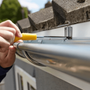 A person fixing the screws of the gutter